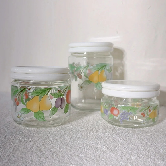 Vintage 80s KIG Indonesia Glass Fruit Flower Canister Set  (3) - Picture 1 of 12